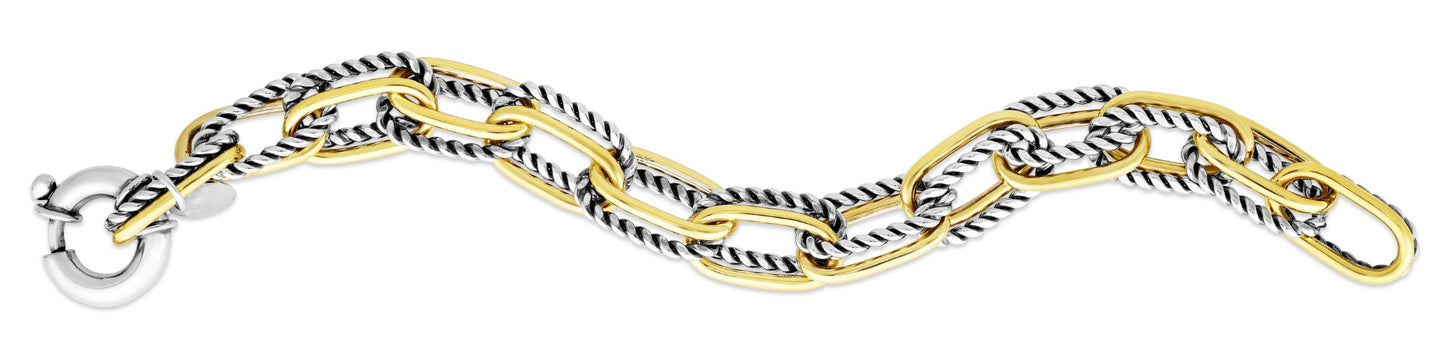 18K Gold & Sterling Silver Gold Paperclip Cable Double Link Bracelet