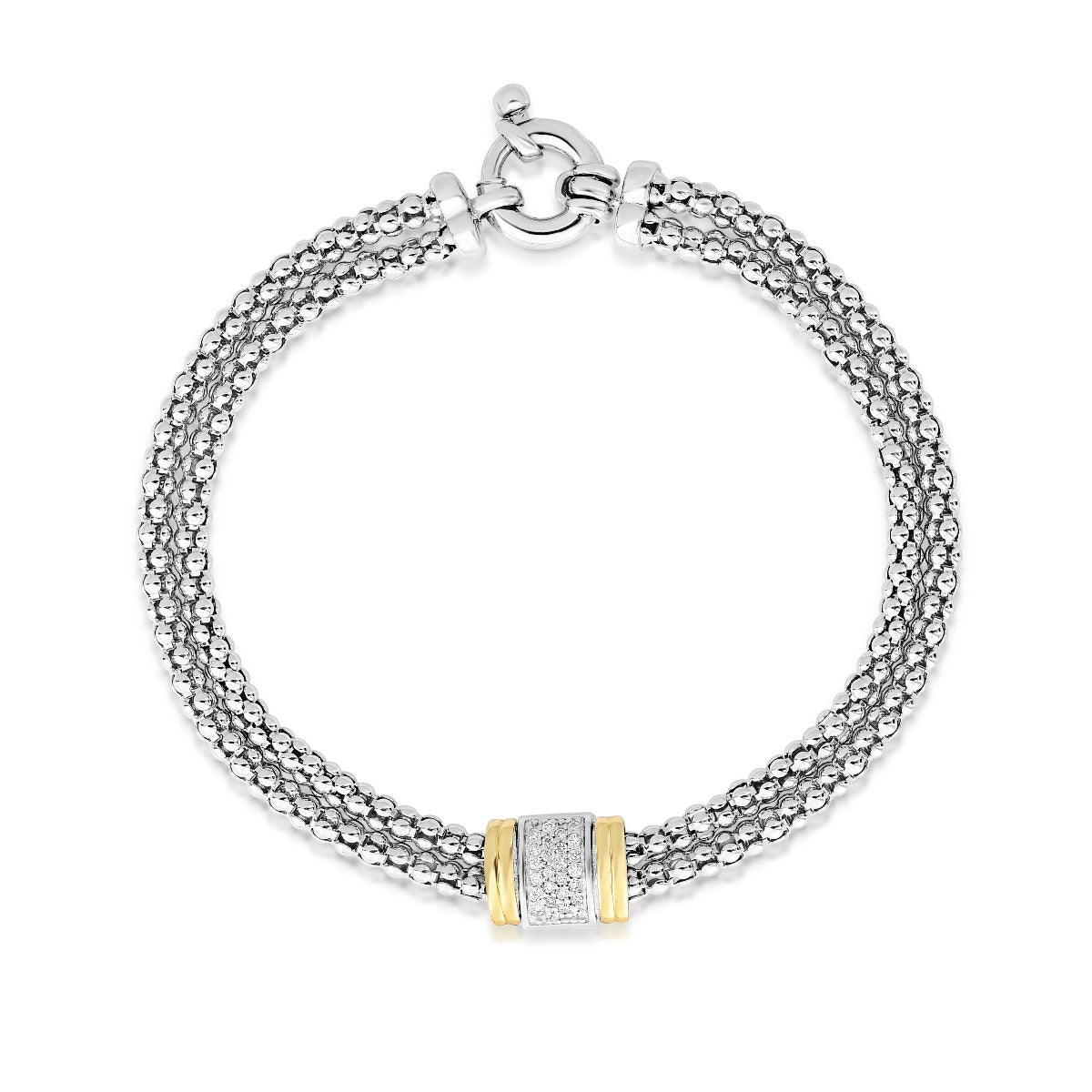 18K Gold & Sterling Silver Polished Double Strand Popcorn Bracelet with Giant Spring Ring Clasp with 0.1300ct White Diamond