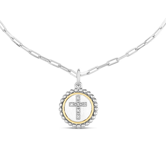 18K Gold & Sterling Silver Cross Pendant on Sterling Silver Paperclip Chain