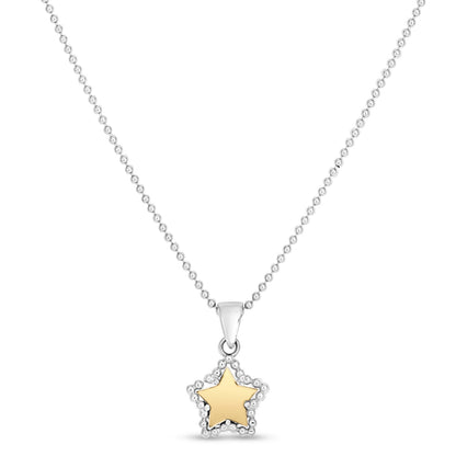 18K Gold & Sterling Silver Gold Popcorn and Polish Star Charm Pendant NecklaceClasp