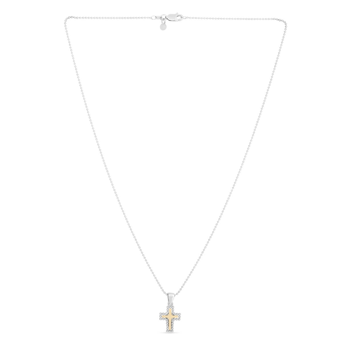 18K Gold & Sterling Silver Gold Popcorn and Polish Cross Charm Pendant NecklaceClasp