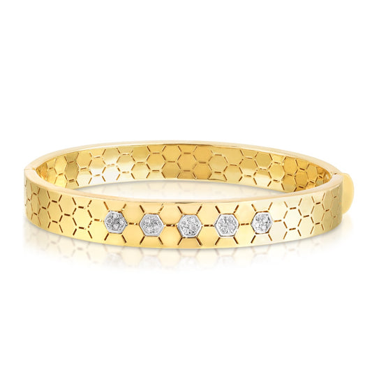 14K Yellow Gold Polished Honeycomb Bangle with 0.16ct Diamonds and Box Clasp