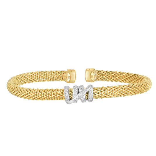 14K Gold Yellow White Finish Diamond Cut Cuff Popcorn Bangle with 0.14ct White Diamond