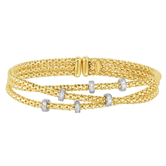 14kt Gold Yellow White Finish 7-10mm Multi-Strand Cuff Popcorn Bangle with 0.30ct 1.3mm White Diamond