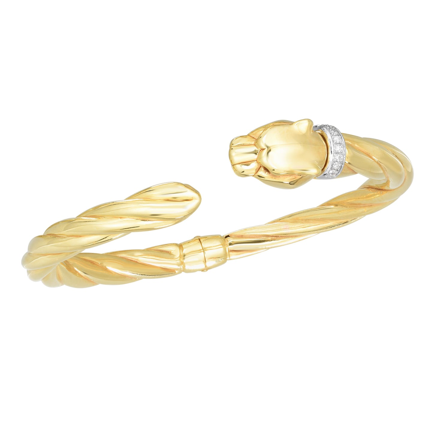 Polished 14K Gold Cuff Panther Bangle with Radiant White Diamond