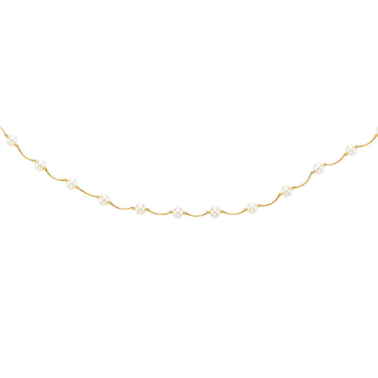 14K Gold Pearl Station Scalloped Necklace