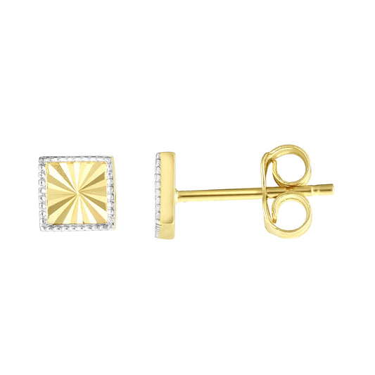 14K Gold Yellow & Diamond Cut Square Stud Earring