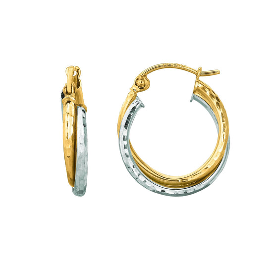 14K Gold Yellow & Double Row Diamond Cut Hoop Earring