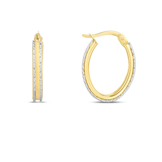 14K Gold Polished and Diamond Cut Oval Hoop Earrings with Hinged Clasp