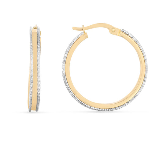 14K Gold Polished and Diamond Cut Round Hoop Earrings with Hinged Clasp