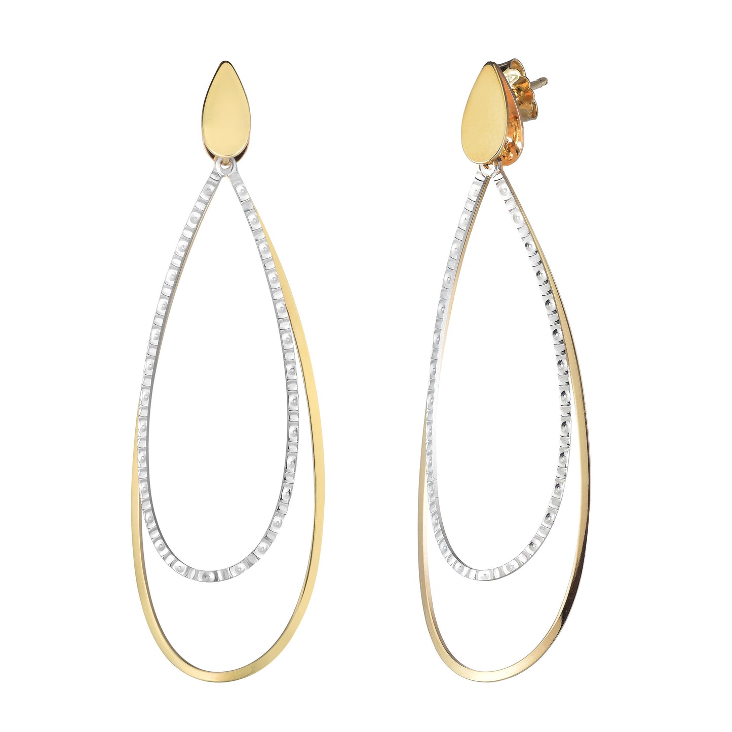 14K White and Yellow Gold Double Tear Drop Multi-Layered Dangle Earring