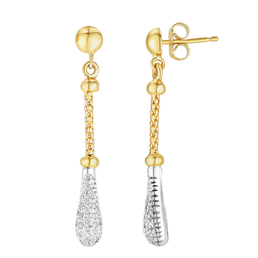 14kt Gold Yellow White Finish 30x4mm Textured Tear Drop Single Strand Popcorn Earring with Push Back Clasp with 0.2600ct 1mm White Diamond