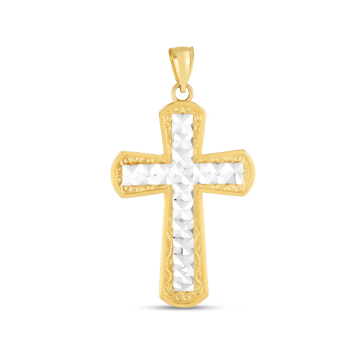 14K Two-Tone Diamond Cut Cross Pendant White Cross in the Center