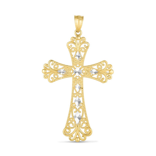 14K Two-Tone Diamond Cut Fancy Cross Pendant