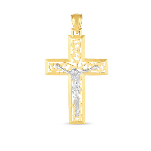 14K Two-Tone Diamond CutJesus Cross Pendant with Filigree