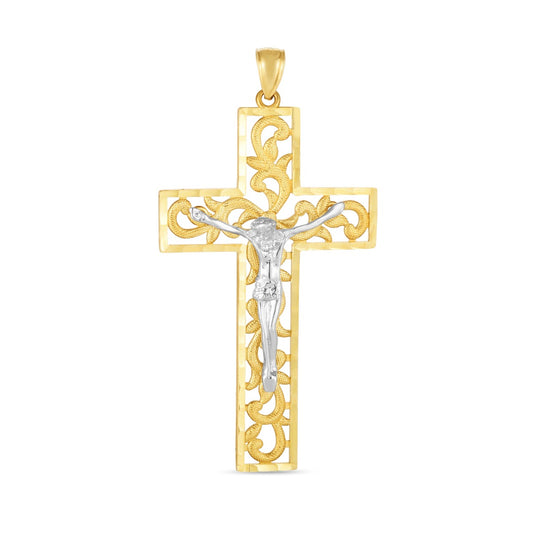 14K Two-Tone Diamond Cut Jesus Cross Pendant with Filigree