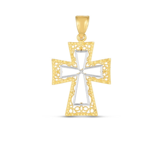 14K Two-Tone Diamond Cut Nestorian Cross Pendant with Filigree