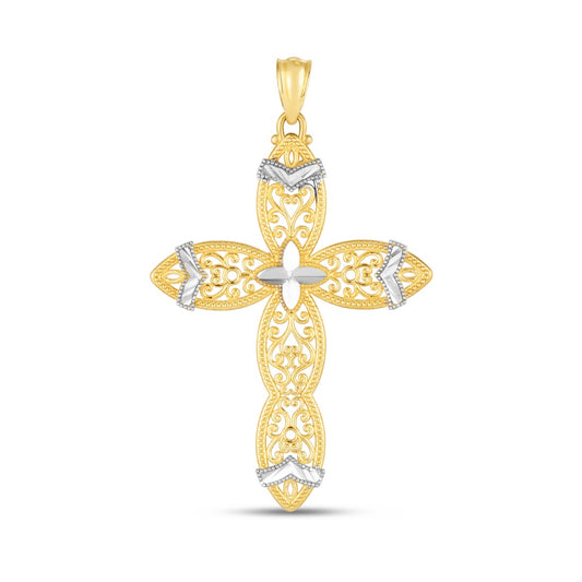 14K Two-Tone Diamond Cut Cross Pendant with Filigree and White Chevrons