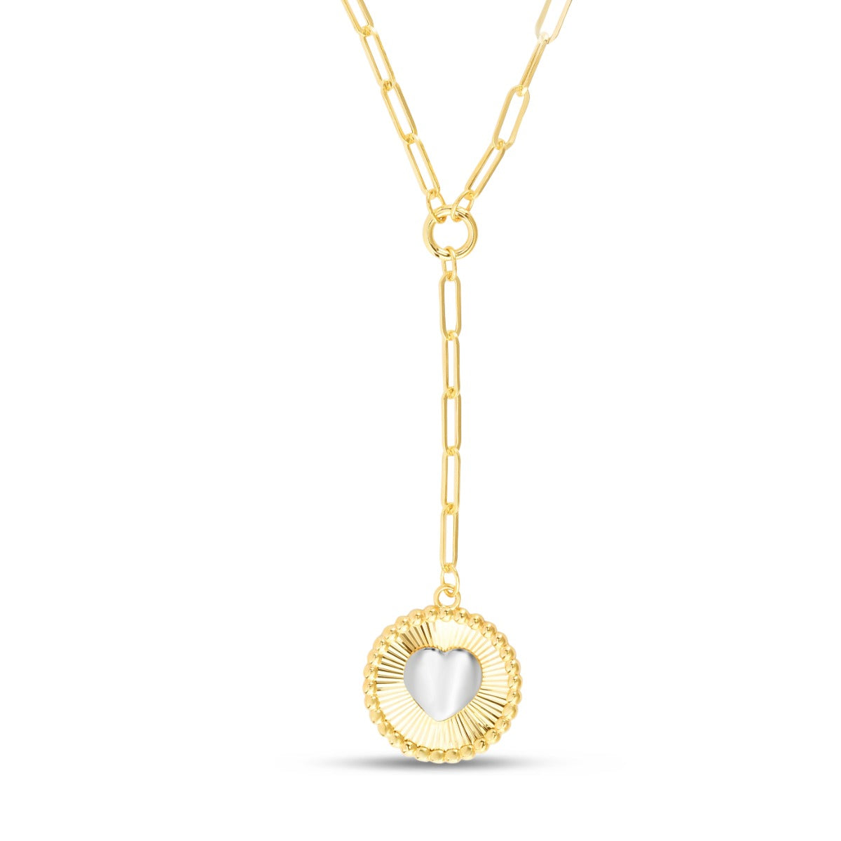 14K Gold Heart Two-tone Medallion Necklace on Paperclip Chain with Lobster Clasp