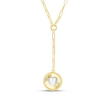 14K Gold Heart Two-tone Medallion Necklace on Paperclip Chain with Lobster Clasp