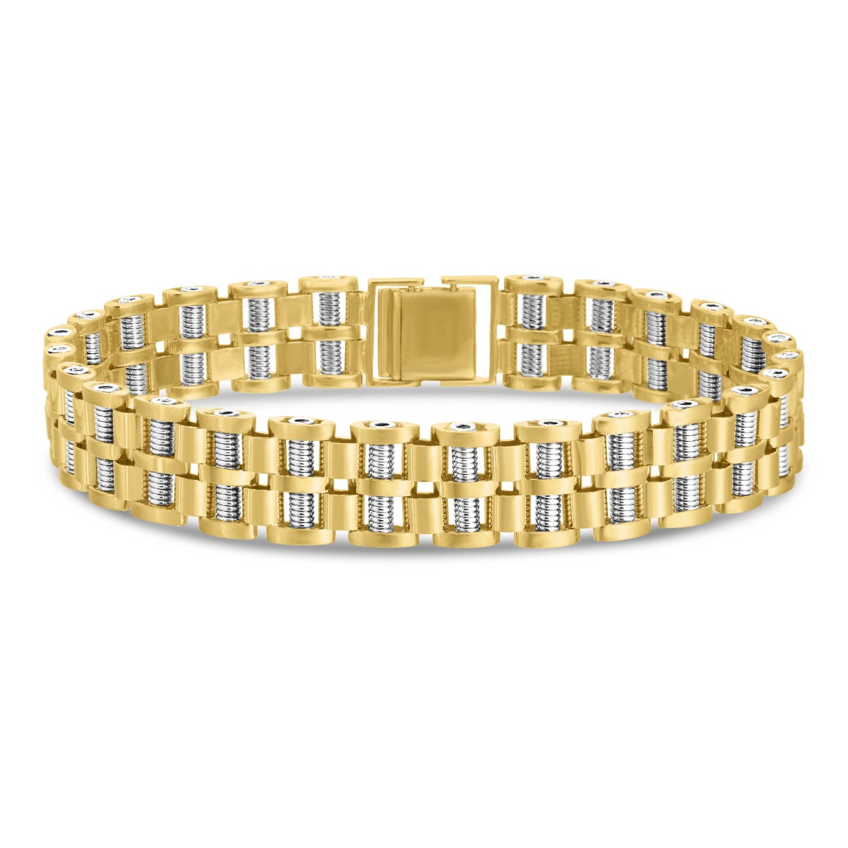 Two Tone 14K Gold Double Row Railroad Bracelet with Buckle Clasp