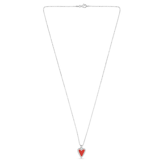 Sterling Silver Red Enamel Heart Necklace on Bead Chain with Lobster Clasp