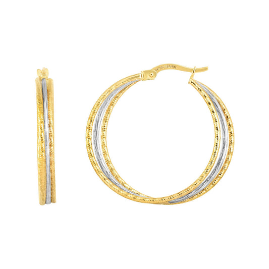 14K Gold Yellow & Polished & Diamond Cut Double Row Hoop Earring