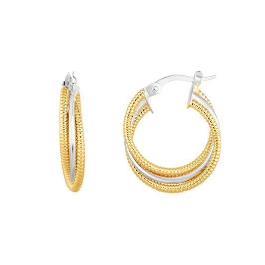 14K Gold Yellow & Triple Row Polished & Twist Hoop Earring