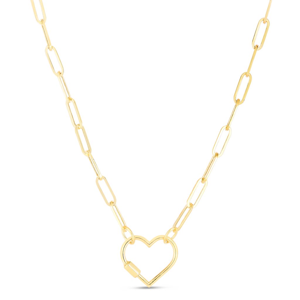 14K Gold Heart Carabiner Clasp Paperclip Chain Necklace