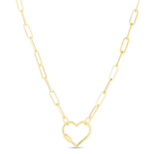 14K Gold Heart Carabiner Clasp Paperclip Chain Necklace