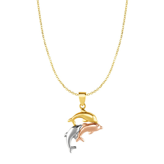 10K Tri-color Gold Dolphin Charm Necklace